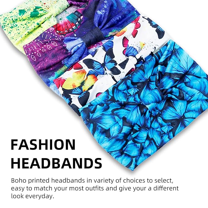 Butterfly Boho Headbands for Women Wide Headband Printed Head Wraps Thick Hairbands Large African Sport Yoga Turban Hair Bands Accessories (Pack of 4)