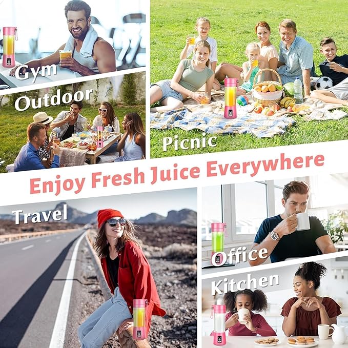 Portable Blender, Personal Blender USB Rechargeable, Mini Juicer for Shakes and Smoothies, Strong Cutting Power with 6 Blades, 380Ml Traveling Fruit Veggie Juicer Cup for Home, Sport, Office, Camping