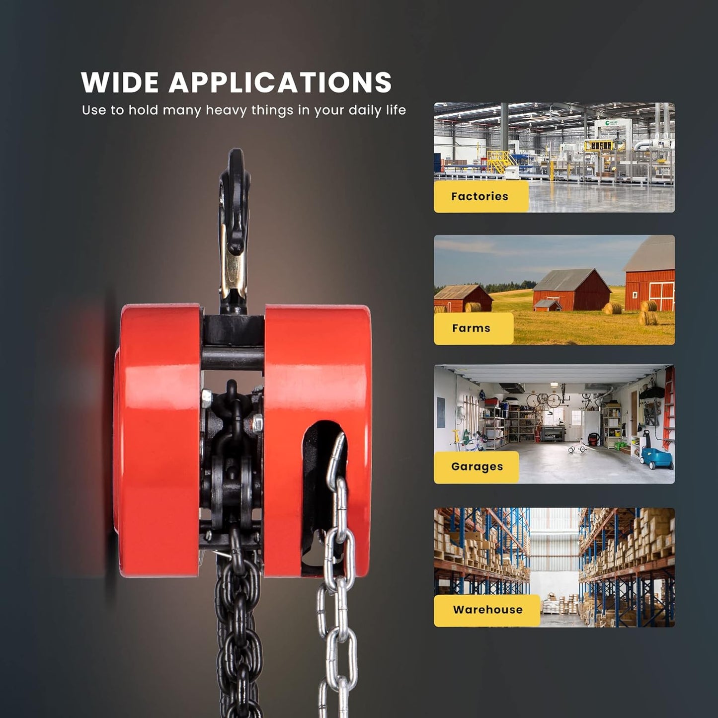 SPECSTAR Hand Chain Hoist 1 Ton 2200 Lbs Capacity 10 Feet with 2 Heavy Duty Hooks, Manual Chain Fall for Warehouse Building Automotive Machinery Red