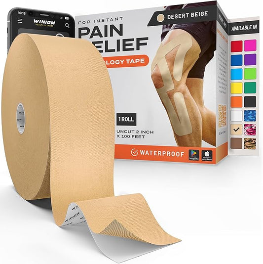 Kinesiology Tape-Incredible Support for Athletic Sports and Recovery + Free Taping Guide-Uncut 2 inch 100 feet Roll (Desert Beige + Free Taping Guide, Pack of 1)
