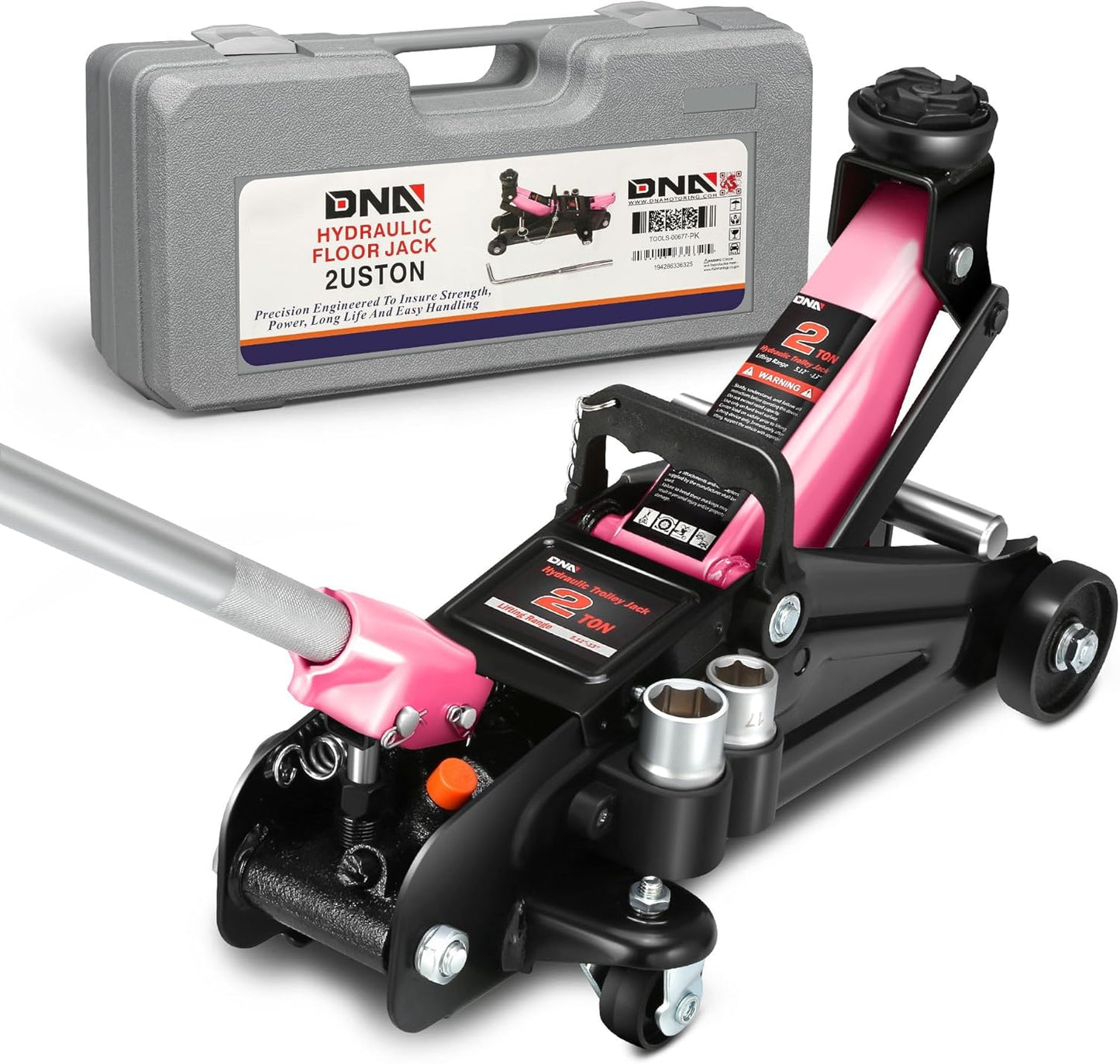 DNA MOTORING Floor Jack with Socket and Lock, Low Profile Hydraulic Trolley Jack for Cars Lift, 2 Ton (4000 lbs) Capacity, Lifting Range 5.12"-13", Pink, TOOLS-00677-PK