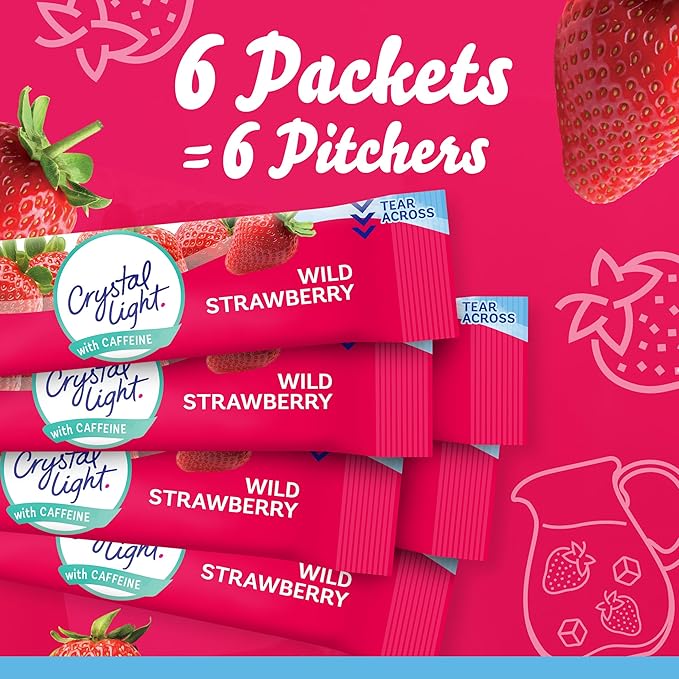 Crystal Light Wild Strawberry Artificially Flavored Powdered Drink Mix with Caffeine, 120 ct Pack, 12 Boxes of 10 On-the-Go-Packets