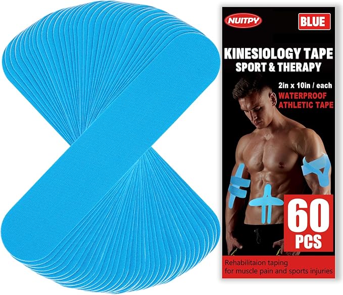 60PCS Precut Kinesiology Tape Strips, 2 inch x 10 inch Athletic Tape, Kinetic Tape, Elastic Muscle Tape, Sports Tape, Knee Tape for Exercise and Daily Use - Light Blue