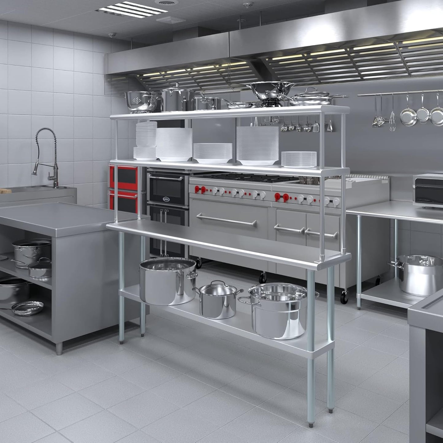 Amgood Stainless Steel Work Table Double Tier Overshelf | NSF (14" x 72" Work Table + 12" Overshelf)