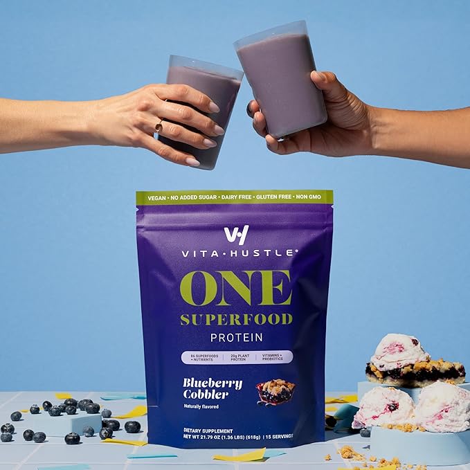 VitaHustle ONE Meal Replacement Shake - Plant Based Protein Powder by Kevin Hart - Vegan, Meal Replacement Powder with Superfoods, Vitamins, Adaptogens & Probiotics - Blueberry Cobbler Flavor, 15 Servings