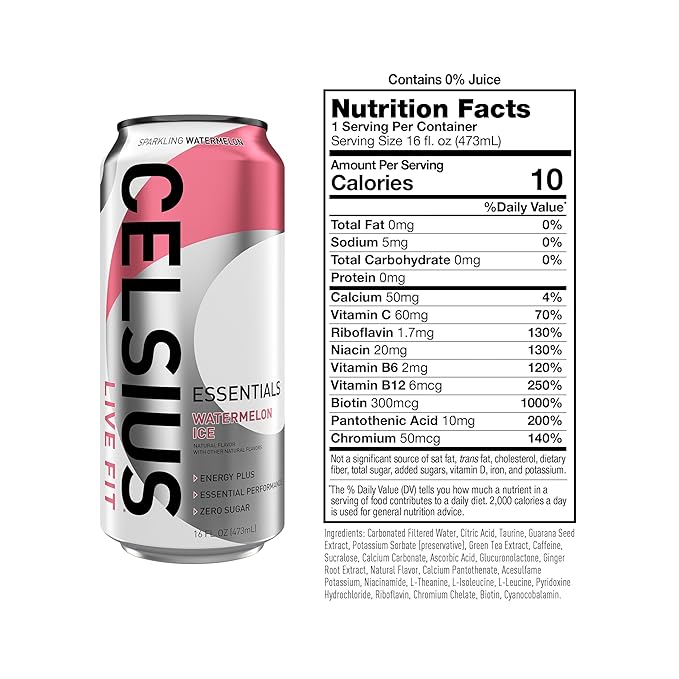 CELSIUS ESSENTIALS™ Sparkling Watermelon Ice, Sugar Free Performance Energy Drink, 16 Fl Oz (Pack of 12)