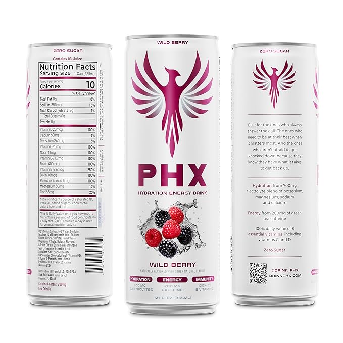 PHX Hydration Energy Drink - 700mg Electrolytes, 200mg Natural Green Tea Caffeine, 100% Daily Value 8 Essential Vitamins - 12 oz Cans (12 Pack) (12 Pack, Wild Berry)