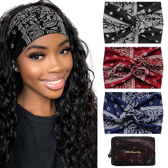 S&N Remille Wide Headbands for Women, Large Hairband, Elastic Non-Slip Headband Twist Knotted Accessories, Yoga Workout Vintage Hair 3 Pack