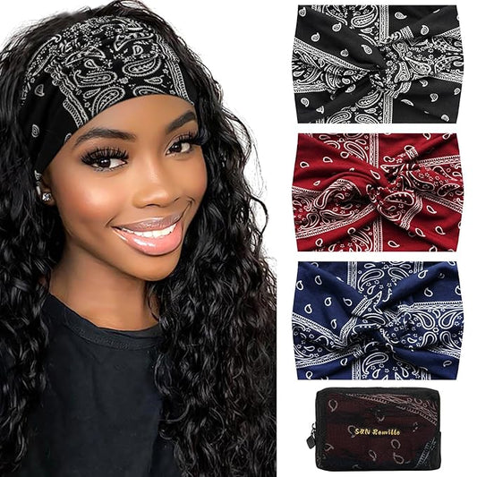 S&N Remille Wide Headbands for Women, Large Hairband, Elastic Non-Slip Headband Twist Knotted Accessories, Yoga Workout Vintage Hair 3 Pack