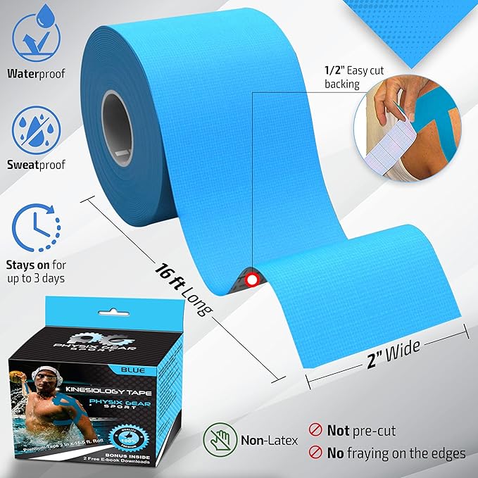 Physix Gear Cotton Kinesiology Tape Roll 16ft, Latex-Free Athletic Tape for Muscles/Joints, Waterproof Kinesiolgy, Stretchy Kinesiologytape, Gentle on Skin Kiniseaology Tape, Kinesology Tape