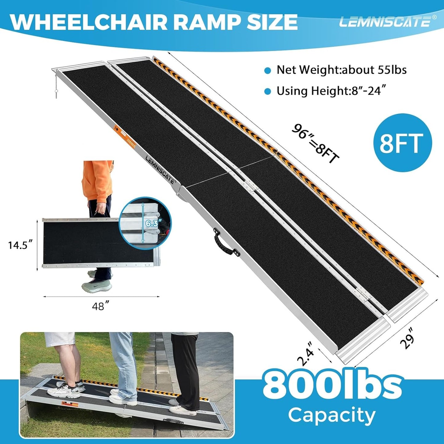 LEMNISCATE 8FT Wheelchair Ramp, Anti-Slip Portable Aluminum Ramps for Home, 800 LBS Capacity Folding Handicap Threshold Wheel Chair Ramps for Home, Entry, Steps, Stairs, Doorways, Curbs, Shed, Car