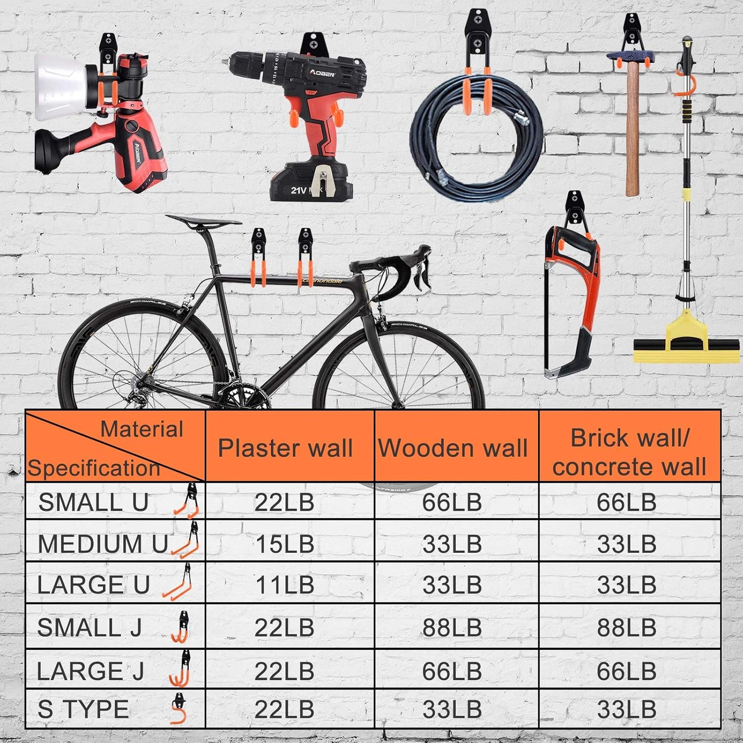 AOBEN Garage Hooks Heavy Duty, Steel Garage Storage Hooks, Utility Tool Hangers and Combinable Wall Mount for Organizing Ladders, Bikes, Hoses, and More Equipment (Small J, 6 Pack)