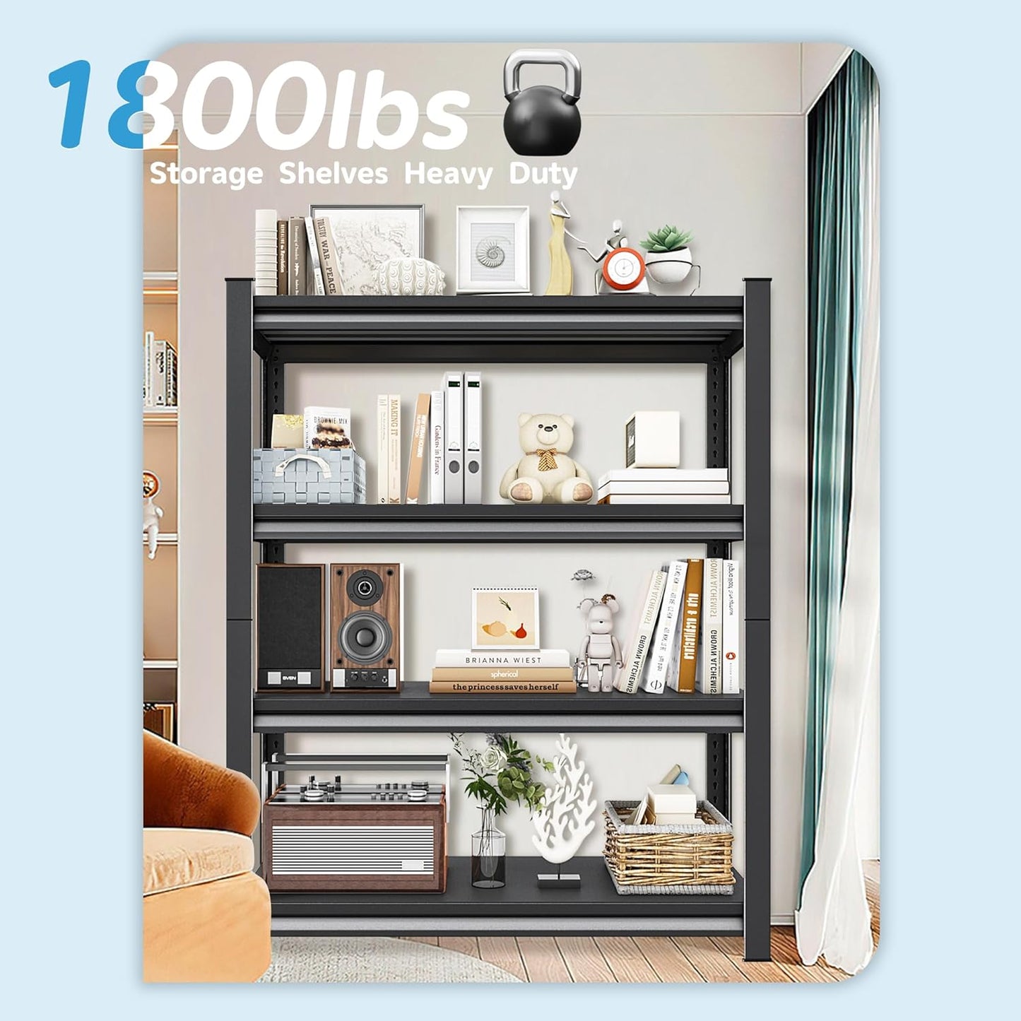 4-Tier Heavy Duty Metal Shelves, Industrial Style, Heavy-Duty Garage Storage Shelves, 40"W x 16"D x 72"H, 1800LBS Capacity