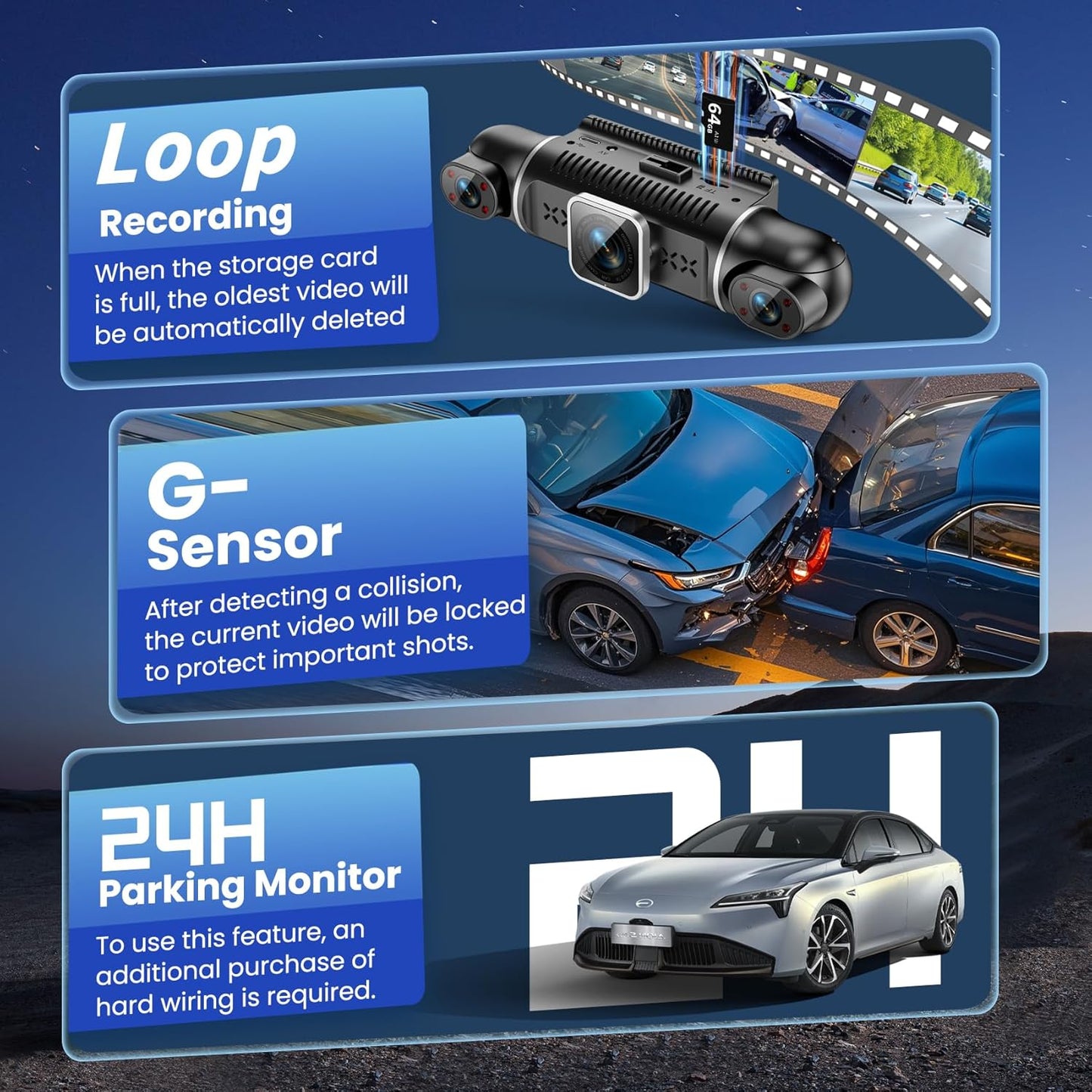 360°View 4 Channel Dash Cam, 2K+1080P Front and Rear Inside Left Right, Wireless Dash Camera for Cars, Built-in G-Sensor, IR Night Vision, 24H Parking Mode, 64GB SD Card, Loop Recording, APP Control