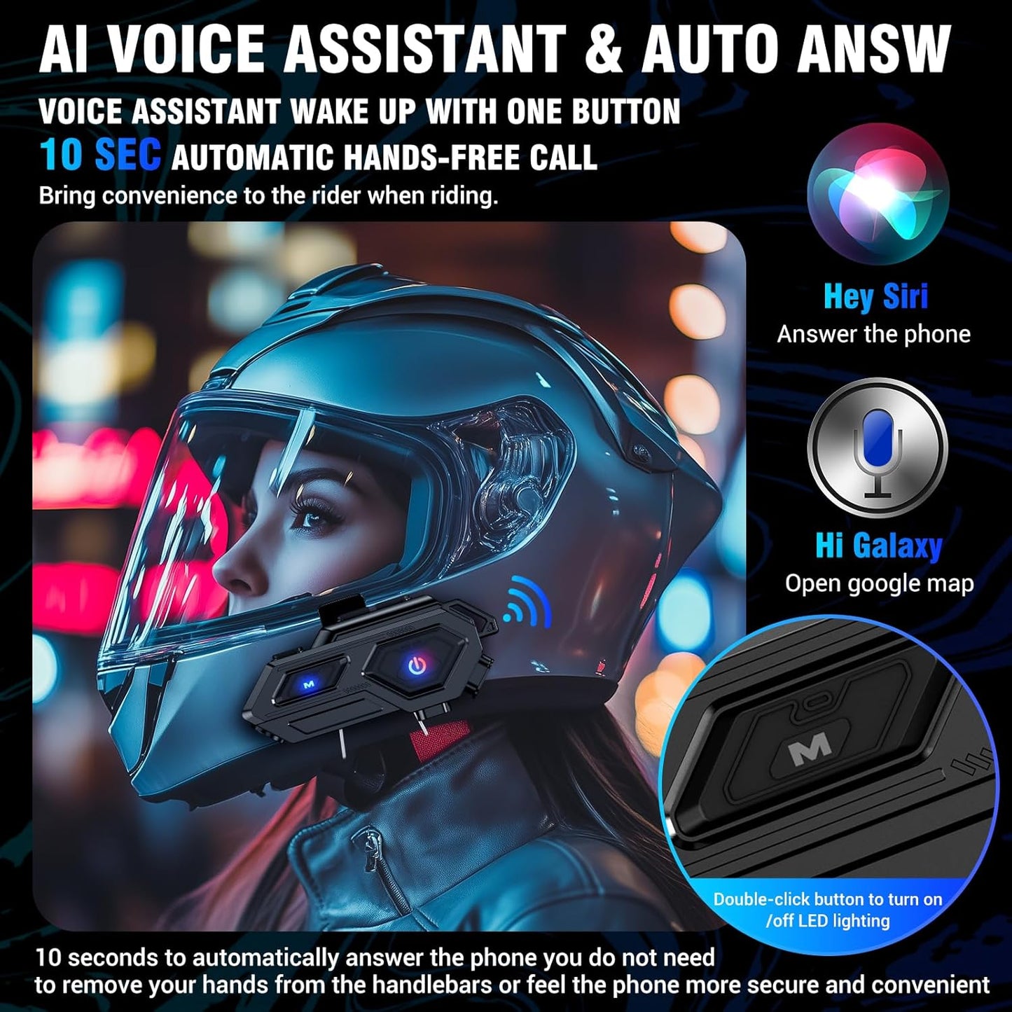 Motorcycle Bluetooth Headset, C8 Helmet Bluetooth Headset with 2 Type Mics, Hands-Free Call/Music/IPX6/Noise Cancellation/Wake Up Siri/Can Connect Two Mobile Phones, Motorcycle Helmet Speakers