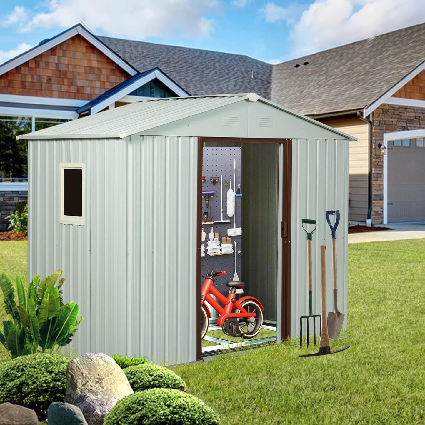4x8 FT Outdoor Storage Shed, Metal Garden Shed with Frame Floor, Outside Tool Shed with Window, Waterproof Storage Building with Lockable Sliding Doors & Sloped Roof for Backyard, Patio, White