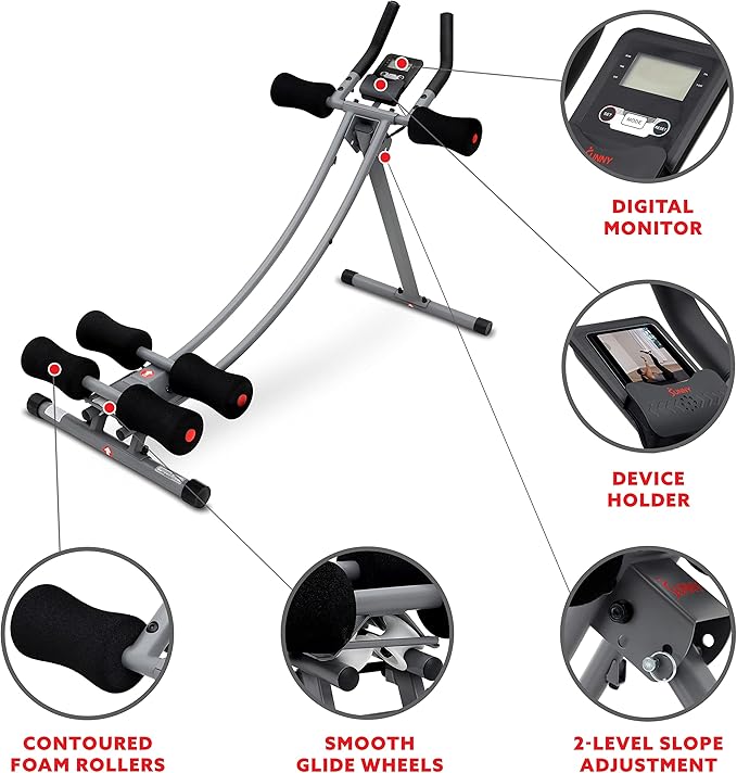 Sunny Health & Fitness Waist Trainer Ab Roller with Elbow Support, Training Wheels, Foldable for Home Gym, Abdominal Exercises, Core Strength, Glute Trainer, Crunch Workouts with Optional Dip Station