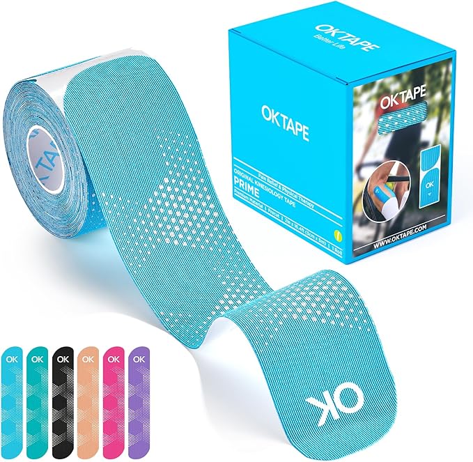 OK TAPE Synthetic Kinesiology Tape, 20 Strips, Precut K Tape, Performance Elastic Athletic Tape for Muscle Support & Discomfort Relief, Reflective Design, Waterproof, 2" x 10" -Blue