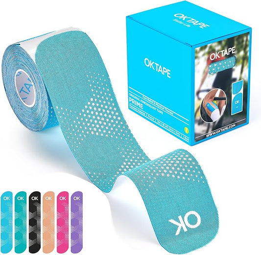 OK TAPE Synthetic Kinesiology Tape, 20 Strips, Precut K Tape, Performance Elastic Athletic Tape for Muscle Support & Discomfort Relief, Reflective Design, Waterproof, 2" x 10" -Blue