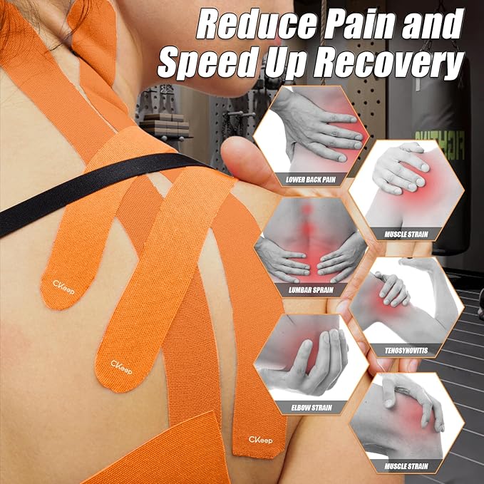CKeep 4 Rolls Kinesiology Tape, Original Cotton Elastic Athletic Tape, 20 Precut 10" Strips Each, Orange, Ideal for Muscle Support & Injury Prevention