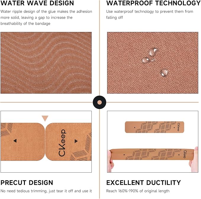 CKeep 4 Rolls Kinesiology Tape, Original Cotton Elastic Athletic Tape, 20 CT 10" Precut Strips Each, Waterproof Tape for Muscle Strain Relief and Joint Support, Beige