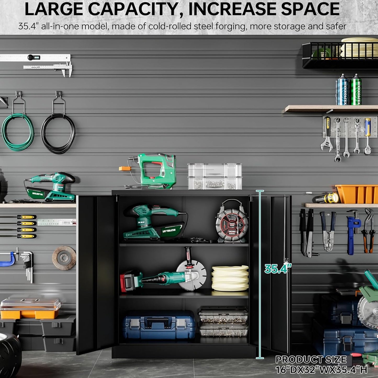 SISESOL Small Metal Storage Cabinet with Doors and Shelves,36 inch Black Locking Garage Cabinet,Lockable Short Steel Cabinets for Home,Office,Shop,Garage