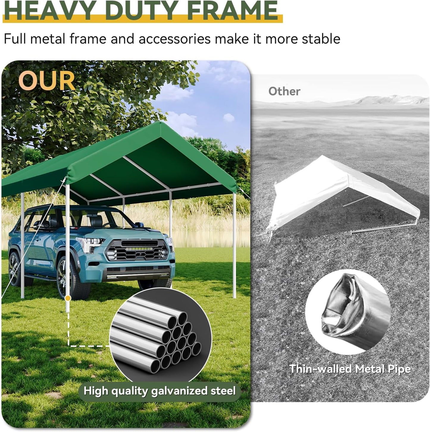 Aoxun 10x20 ft Heavy Duty Carport with Tarp & Wind Resistance Portable Carport Car Tent Outdoor Car Port with Tear Resistant Canopy, No Sidewall - Green