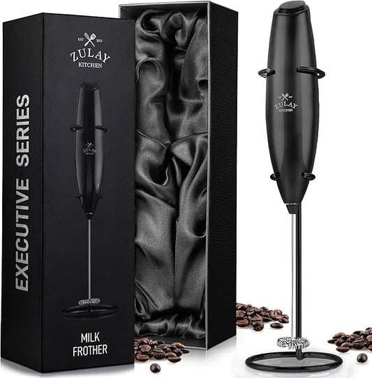 Zulay Executive Series Ultra Premium Gift Milk Frother For Coffee with Deluxe, Radiant Finish - Coffee Frother Handheld Foam Maker - Electric Milk Frother Handheld For Lattes Premium UV Black