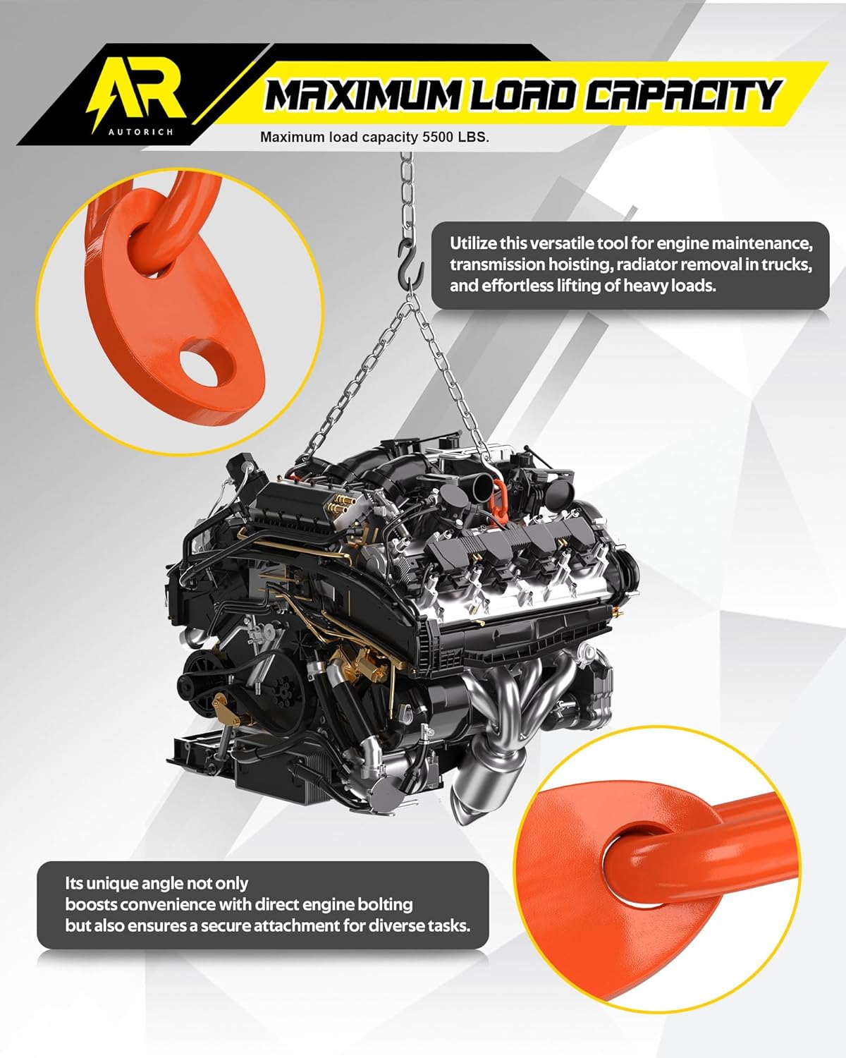 7100 Lifting Bracket Set for Engine - 4 Heavy-Duty Engine Lift Bracket 5500 Lb Capacity, Engine Support Bar for Lifting Slings and Load Levelers, Orange