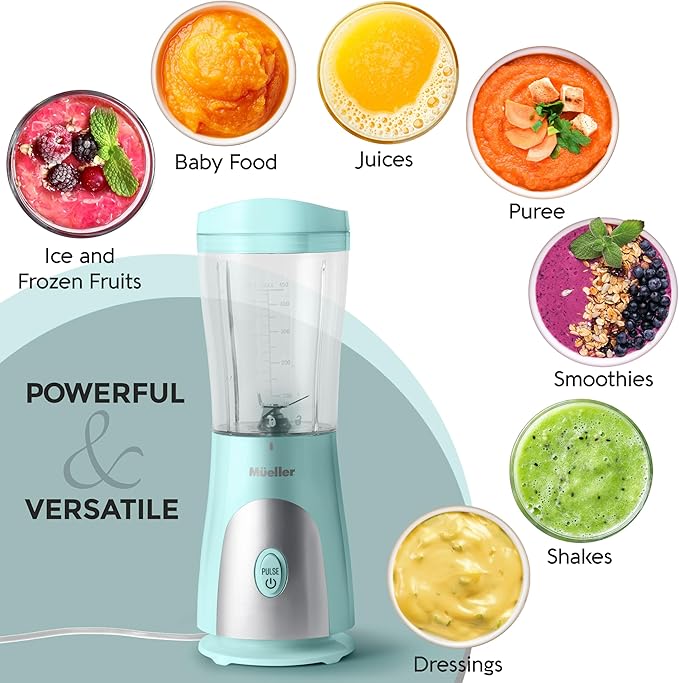 Mueller Personal Blender for Shakes and Smoothies with 15 Oz Travel Cup and Lid, Juices, Baby Food, Heavy-Duty Portable Blender & Food Processor, Turquoise