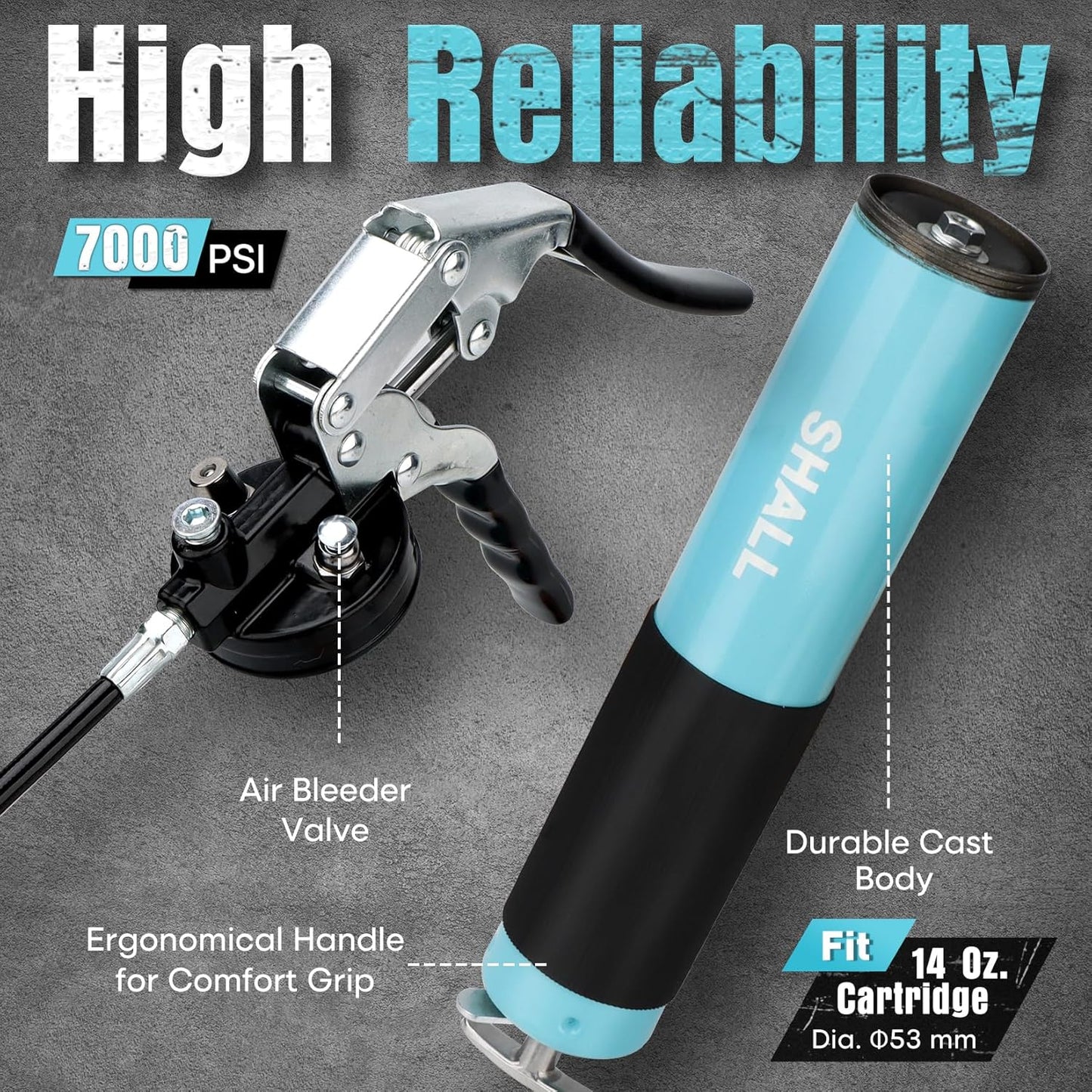 SHALL Grease Gun, 7000 PSI Heavy Duty Pistol Grip Grease Gun Kit w/Grease Gun Coupler, 18” Spring Flex Hose, Reinforced Coupler, 2 Extension Rigid Pipe, Sharp Nozzle, Fittings Cleaner | 14oz Load