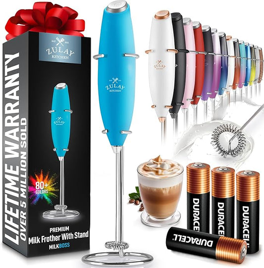 Zulay Powerful Milk Frother Handheld Foam Maker for Lattes - Whisk Drink Mixer for Coffee, Mini Foamer for Cappuccino, Frappe, Matcha, Hot Chocolate by Milk Boss (Teal)