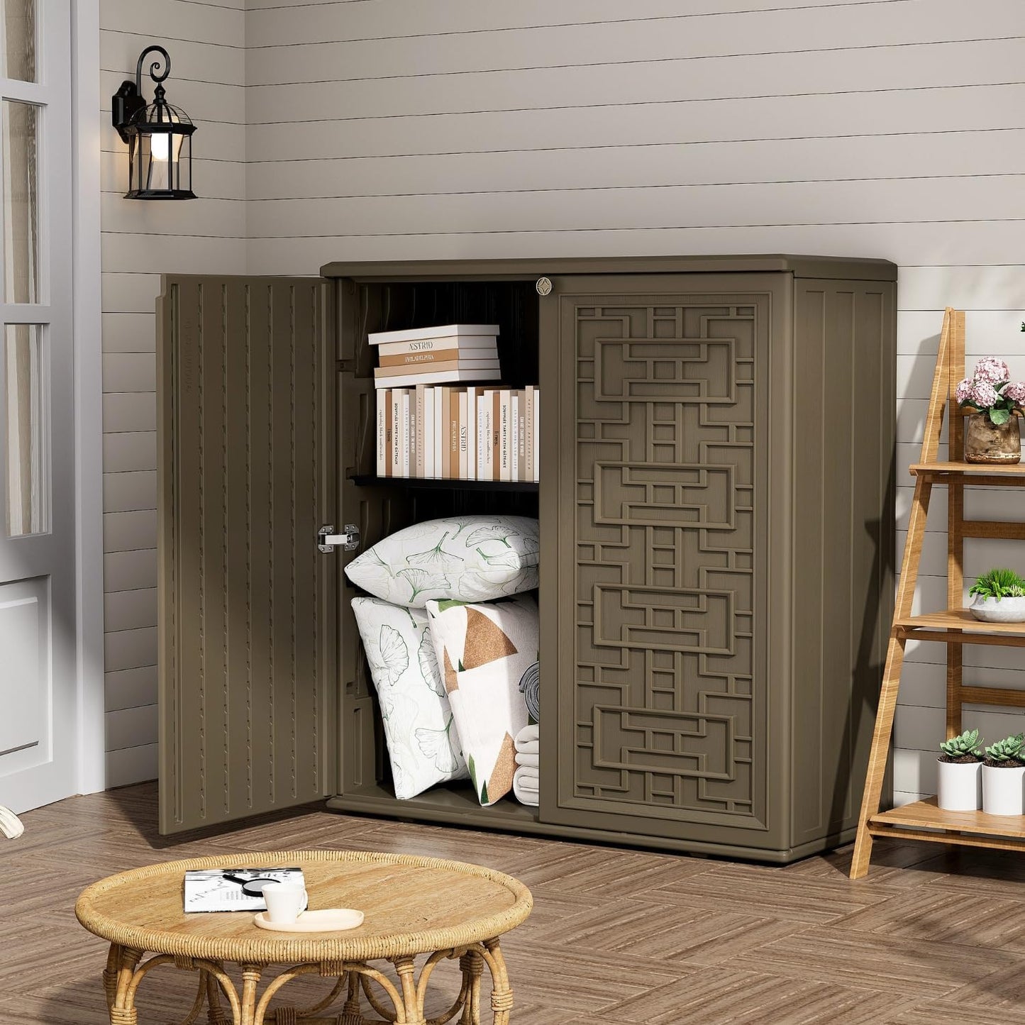 ZZM HDPE Outdoor Storage Shed, Outdoor Plastic Storage Cabinet, Horizontal Resin Tool Shed for Garden, All Weather Outdoor Storage Clearance, DIY Usage, with one Shelf (Coffee)