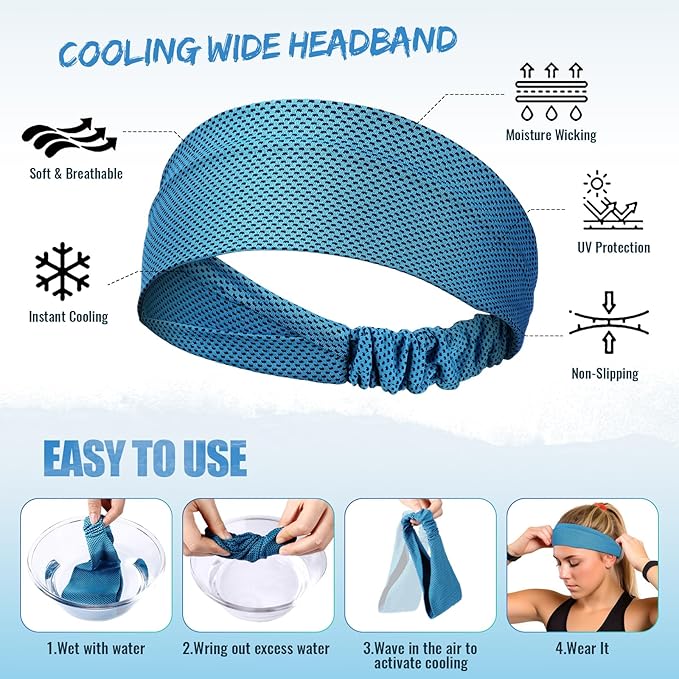 Coume 4 Pcs Cooling Headbands for Women Men Sweat Absorbing Headbands Stretchy Sports Hair Bands for Running, Yoga, Golf, Camping, Biking, Tennis