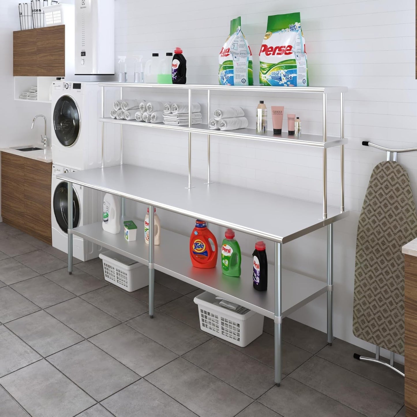 Amgood Stainless Steel Work Table Double Tier Overshelf | Metal Kitchen Prep Table & Shelving Combo (30" x 96" Work Table + 12" Overshelf)