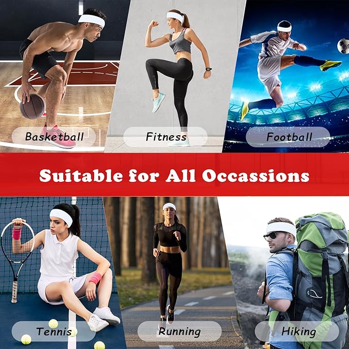 Sweatbands Sports Headbands for Men & Women - 3 Pack Moisture Wicking Cotton Headband for Tennis, Basketball, Running, Gym - Sweat Band