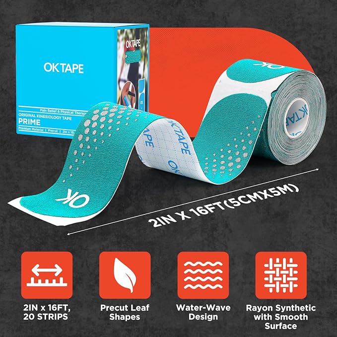 OK TAPE Synthetic Kinesiology Tape Precut Strips, Waterproof Kinesiology Athletic Tape for Joint & Muscle Support, Reflective and Durable K Tape, 2in×16.4ft Roll 20PCS | Blue and Green