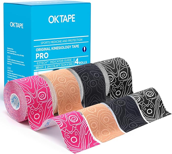 OK TAPE PRO Kinesiology Tape Uncut Roll, Elastic Physical Therapy Athletic Tape for Pain Relief, Muscle Support, Kinetic Tape, Water Resistant, 2in X 16.4ft -Mixed 4 Pack