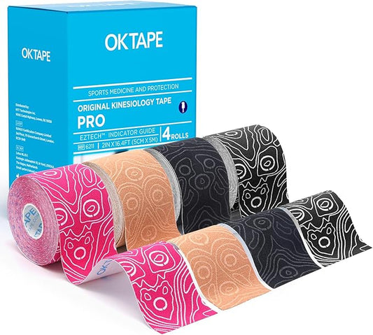 OK TAPE PRO Kinesiology Tape Uncut Roll, Elastic Physical Therapy Athletic Tape for Pain Relief, Muscle Support, Kinetic Tape, Water Resistant, 2in X 16.4ft -Mixed 4 Pack
