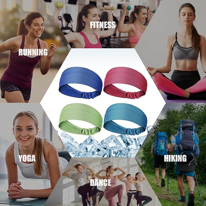 Coume 4 Pcs Cooling Headbands for Women Men Sweat Absorbing Headbands Stretchy Sports Hair Bands for Running, Yoga, Golf, Camping, Biking, Tennis