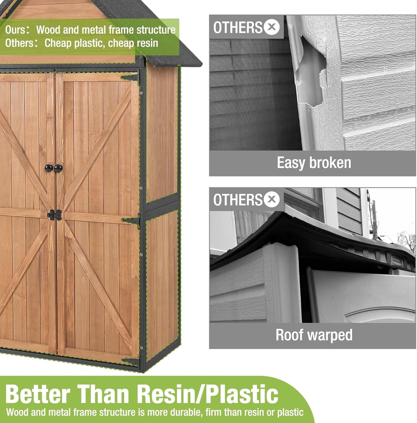 GUTINNEEN Sheds Outdoor Storage Wooden Garden Tool Shed with Metal Frame Sloped Roof and Adjustable 3 Tiers Shelves Outdoor Storage Cabinet for Backyard Garden Patio Lawn 67.1"(Brown)