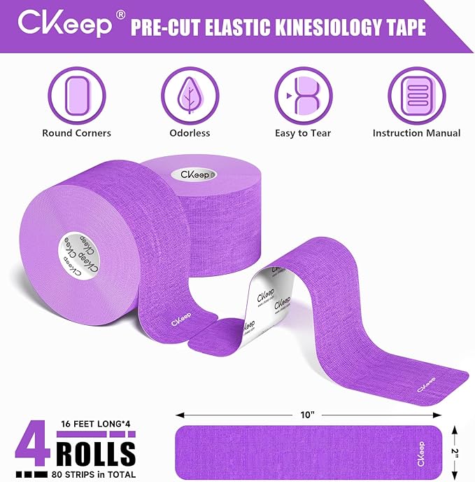CKeep 4 Rolls Kinesiology Tape, Original Cotton Elastic Athletic Tape, 20 Precut 10" Strips Each, Purple, Ideal for Muscle Support & Injury Prevention