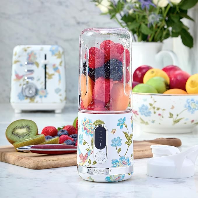 Laura Ashley Portable Blender for Smoothies by VQ - Compact, Powerful & Easy to use USB Rechargeable Mini Blender for Shakes and Smoothies with 450 mL Bottle - Smoothie Blender for Kitchen/Gym/Travel
