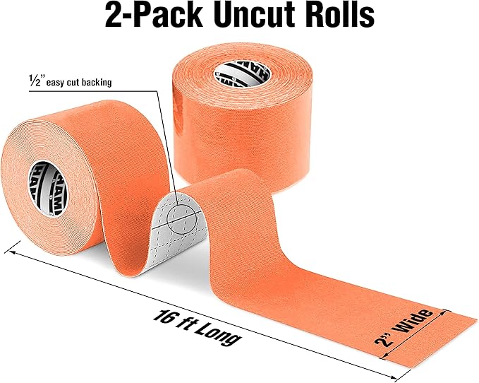 Hampton Adams | As Seen on Shark Tank | Elastic Kinesiology Tape (2-Pack) | Uncut Athletic Tape Supports & Protects Muscles Knees Shoulders & Plantar Fasciitis | Waterproof Hypoallergenic (Orange)