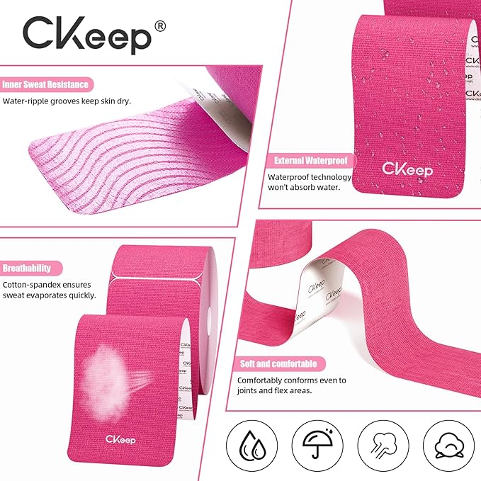 CKeep 4 Rolls Kinesiology Tape, Original Cotton Elastic Athletic Tape, 20 Precut 10" Strips Each, Pink, Ideal for Muscle Support & Injury Prevention