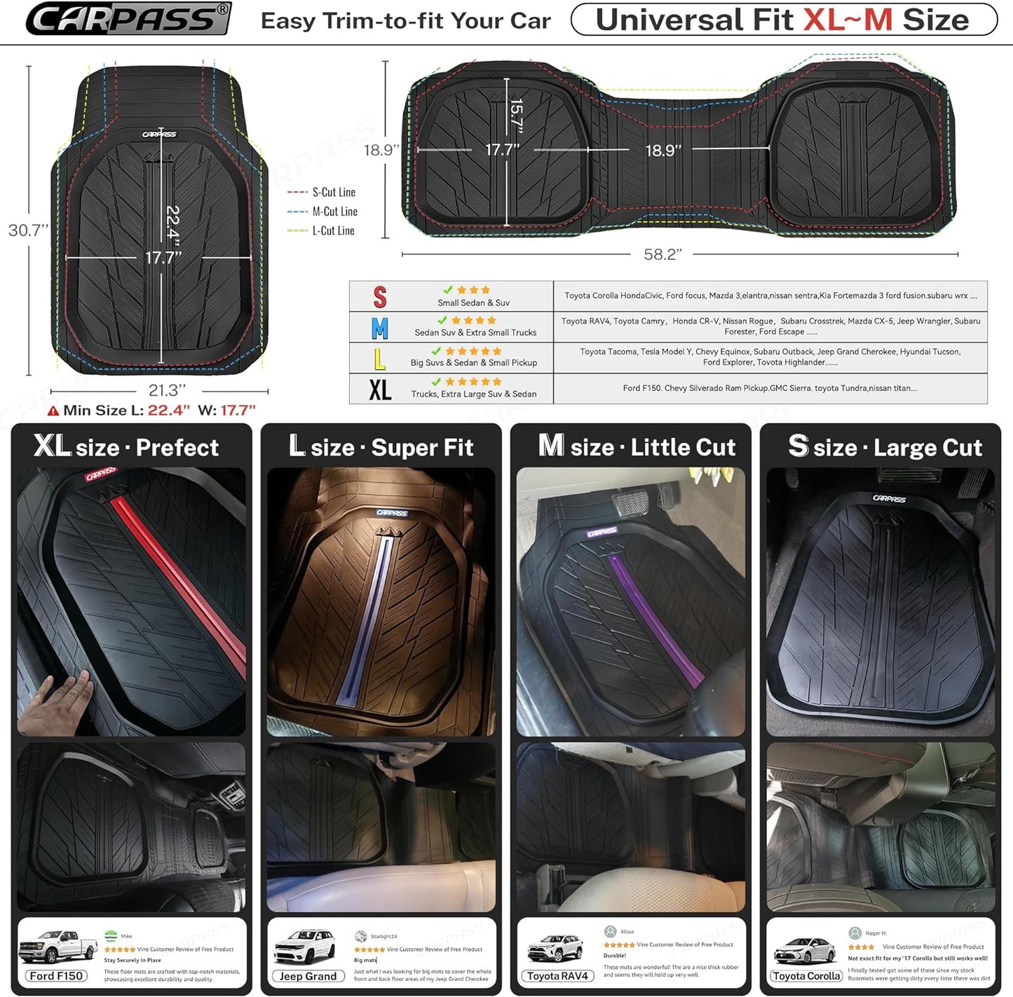 CAR PASS DeepDish Heavy Duty Rubber Floor Mats 3-Piece, Universal M-XL Size Trim-to-Fit Automotive Floor Mats for Truck Van SUV, Durable Waterproof All Weather Car Mats (Solid Black)