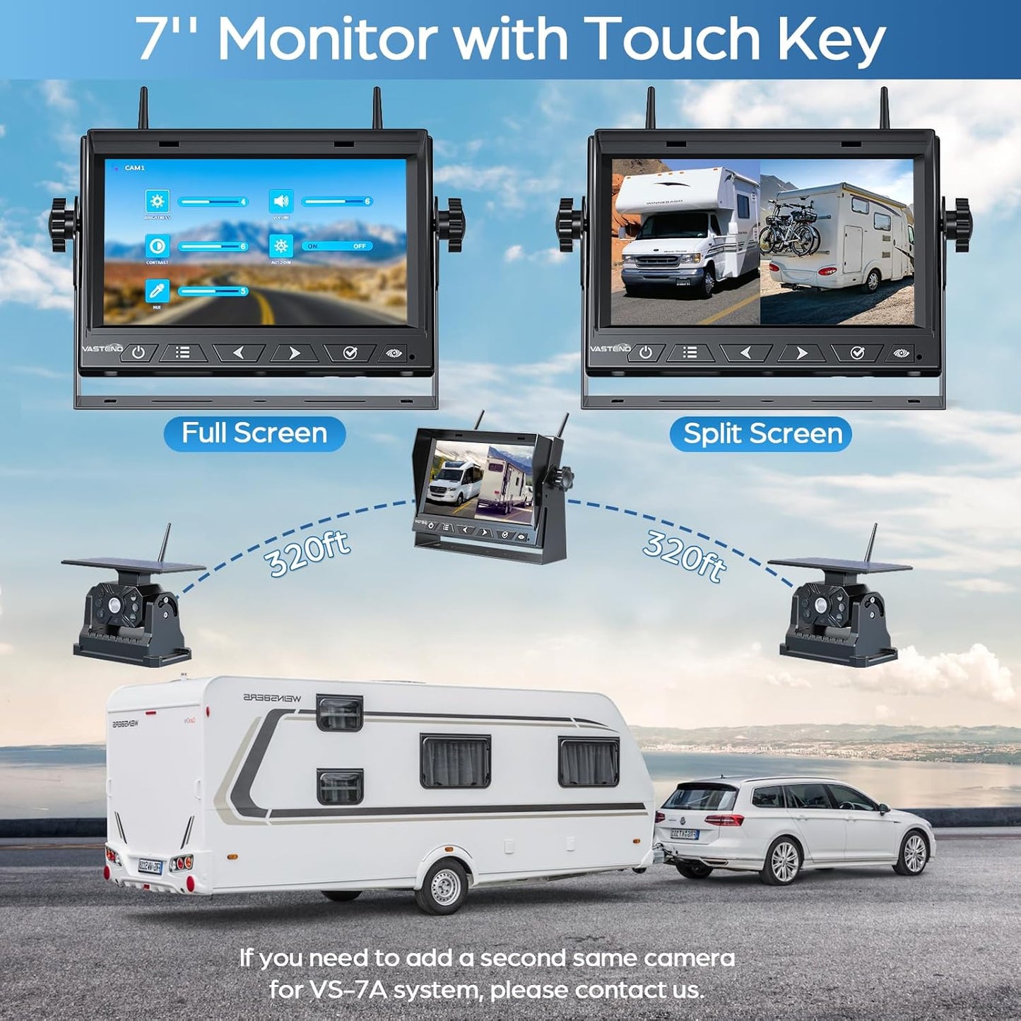 Magnetic Solar Wireless Backup Camera No Installation VASTEND 1080P 7'' RV Backup Camera with 10000mAh Rechargeable Battery for Box Truck Trailer Camper Car Caravan Rearview Reversing Camera (VS-7A)