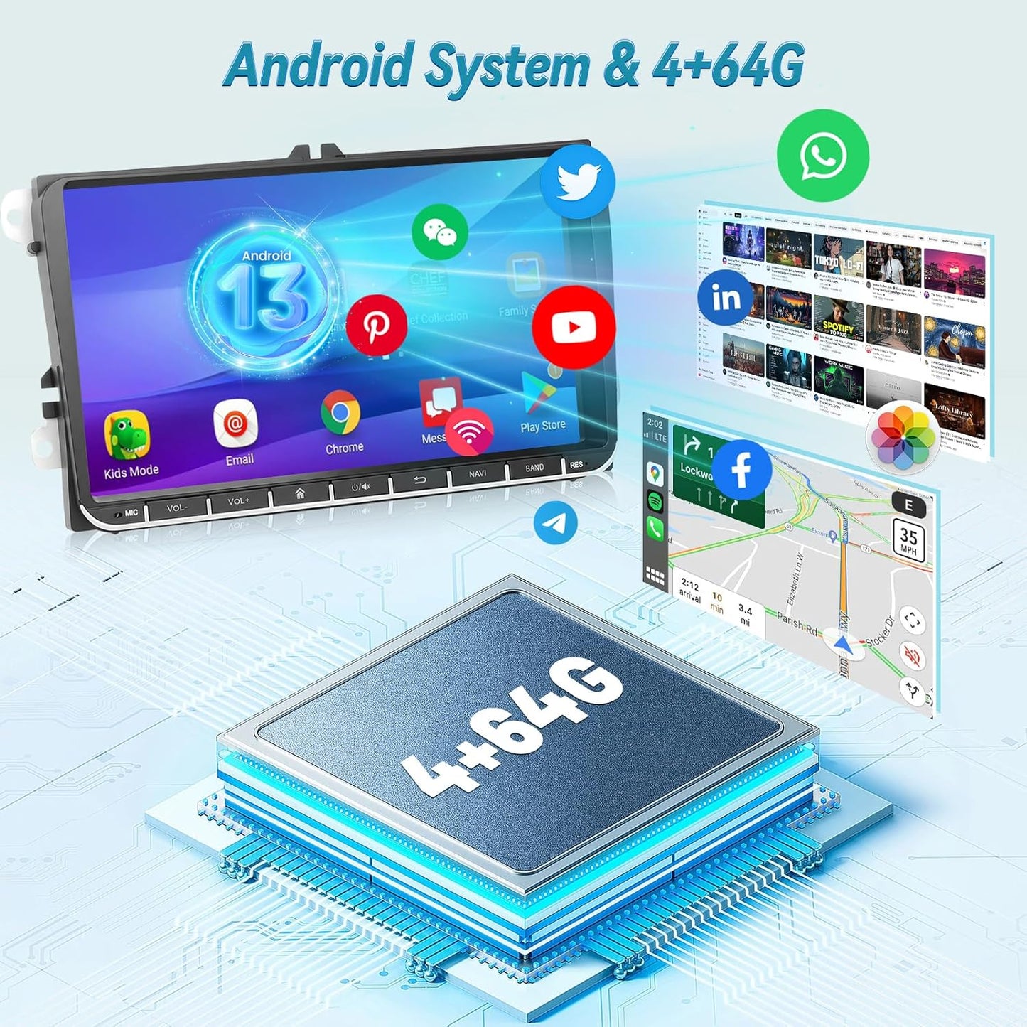 [4G+64G] 9 inch Car Radio for VW Jetta Passat Seat Golf Tiguan Beetle, 9inch Touch Screen Android Volkswagen Jetta Stereo, Wireless Carplay/Android Auto/32 EQ Audio/SWC