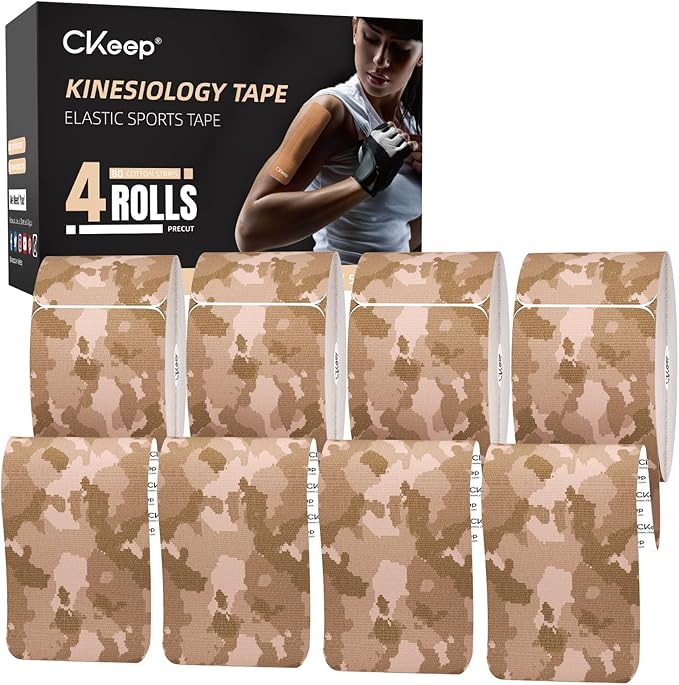 CKeep 4 Rolls Kinesiology Tape, Original Cotton Elastic Athletic Tape, 20 Precut 10" Strips Each, Desert Camo, Ideal for Muscle Support & Injury Prevention