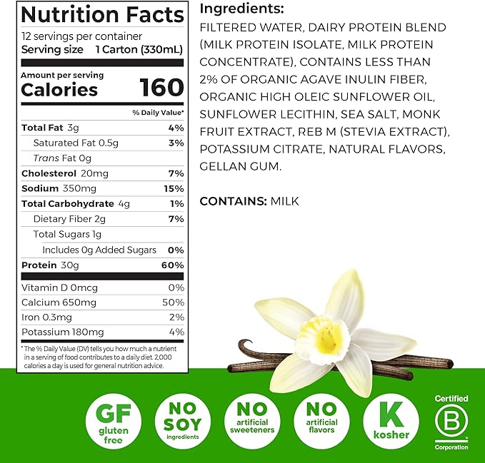 Orgain 30g High Protein Shake, Dairy Isolate Milk Protein, Vanilla Bean, 6g BCAAs, 1g Sugar Per Serving, Meal Replacement, Ready to Drink, Keto Friendly, Gluten-Free 11 Fl Oz (Pack of 12)